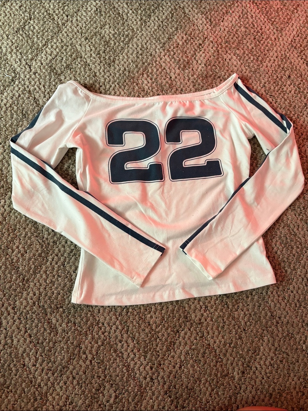 SHEIN White Off-Shoulder Long Sleeve Top with Navy 22 and Stripe Accents
